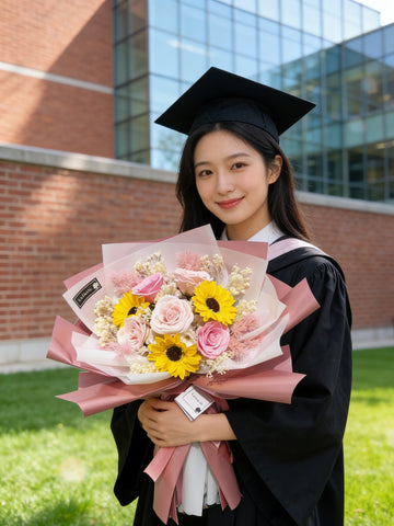 （番梘花）畢業花束系列— 畢業愉快 玫瑰花 太陽花 乾燥花束