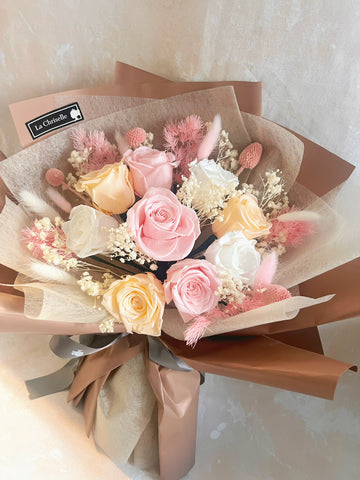 文青系 天長地久9枝混色保鮮玫瑰花永生花束 Forever Love Preserved Rose Flower Bouquet