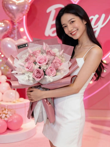 天長地久 9 枝粉紅豆沙色系保鮮玫瑰花束｜保鮮花 永生花生日花束6pink preserved rose bouquet