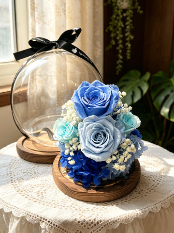 藍天空 水晶球 保鮮花 永生花 玻璃罩 花瓶 擺設  Blue Crystal Ball  Preserved Flowers
