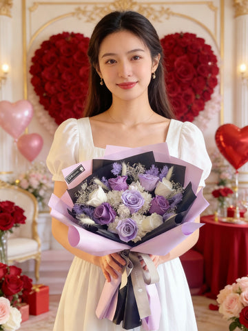 （情人節預訂）天長地久混紫9枝保鮮玫瑰花束｜保鮮花 永生花生日花束 9 purple  preserved rose bouquet