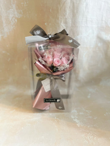 迷你*版天長地久9枝粉紅色保鮮玫瑰花永生花束  玫瑰金色花紙 Le Petit Forever Love Preserved Pink Rose  Flower Bouquet