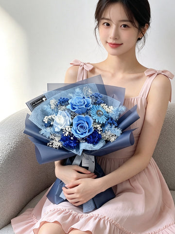 永生花浪漫藍調七夕 3 枝保鮮玫瑰花束 生日花束 Preserved Flower Bouquet