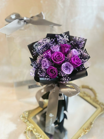 *迷你*版天長地久9枝紫色保鮮玫瑰花束永生花  Le Petit Forever Love Preserved Purple Rose  Flower Bouquet & Necklace