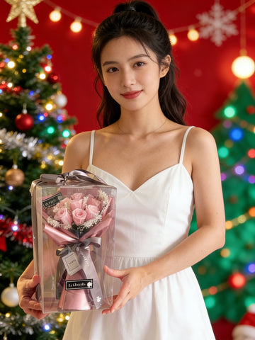 迷你*版天長地久9枝粉紅色保鮮玫瑰花永生花束  玫瑰金色花紙 Le Petit Forever Love Preserved Pink Rose  Flower Bouquet