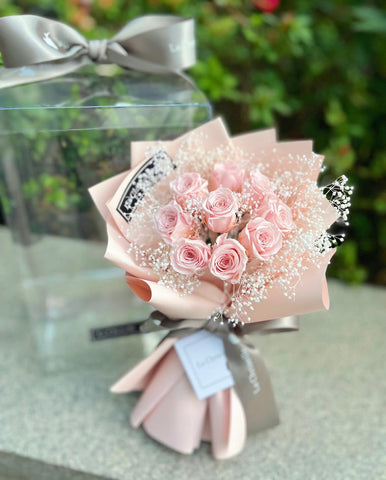 迷你*版天長地久9枝粉紅色保鮮玫瑰花永生花束  Le Petit Forever Love Preserved Pink Rose  Flower Bouquet