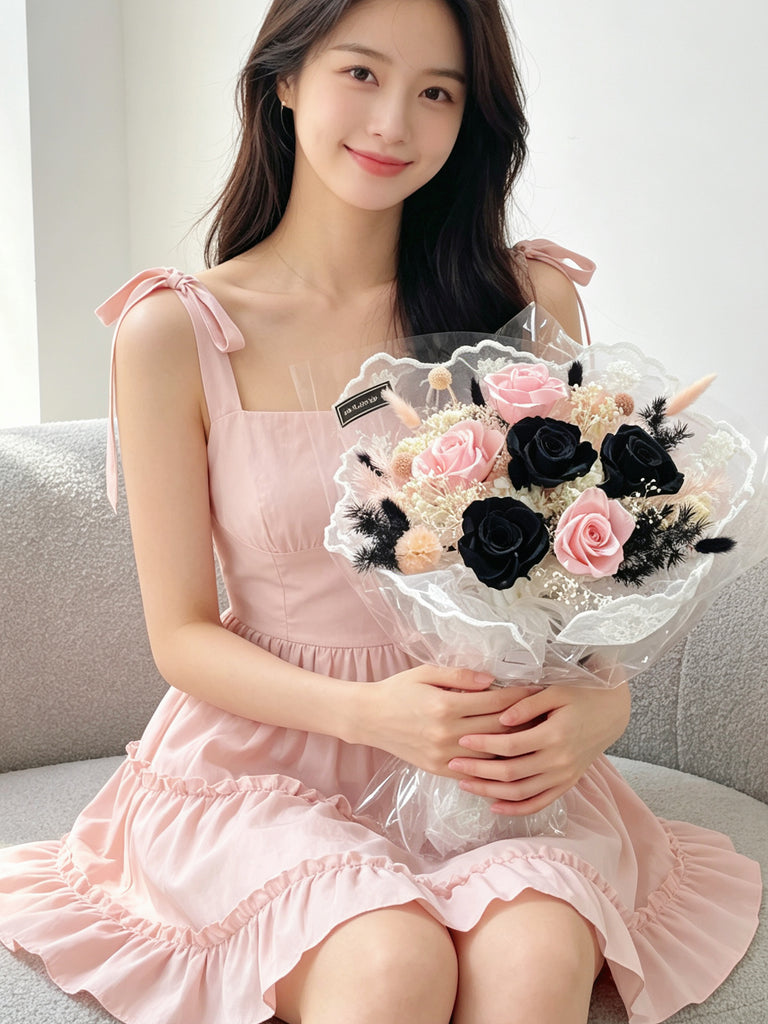 （現貨）永生花 法式浪漫 6枝黑色粉紅色保鮮玫瑰花束 生日花束 Preserved Flower Bouquet