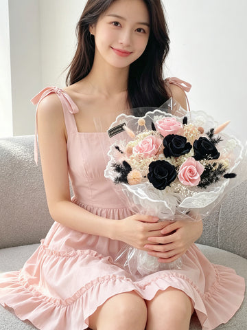 （現貨）永生花 法式浪漫 6枝黑色粉紅色保鮮玫瑰花束 生日花束 Preserved Flower Bouquet