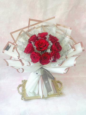(情人節預訂）天長地久9枝紅色保鮮玫瑰花束 Forever Love Preserved Rose  Flower Bouquet