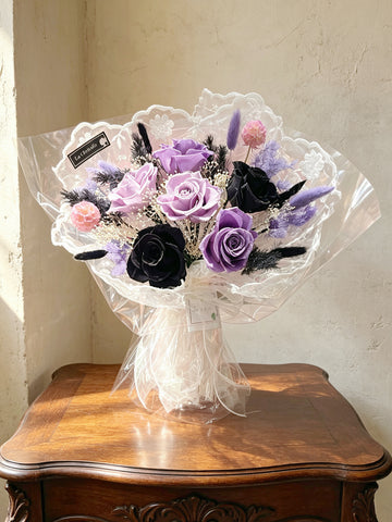 （現貨）永生花 法式浪漫 6枝黑色紫色保鮮玫瑰花束 生日花束 Preserved Flower Bouquet
