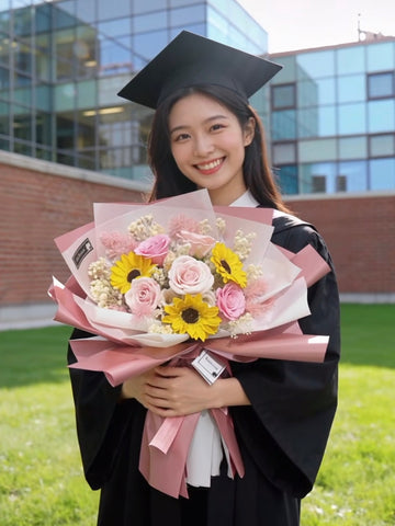 （番梘花）畢業花束系列— 畢業愉快 玫瑰花 太陽花 乾燥花束