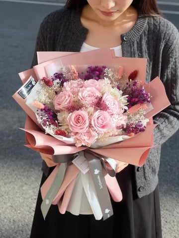 甜心-粉紅色保鮮玫瑰花束 永生花Pink Preserved Rose Bouquet