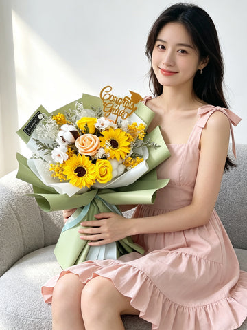 (番梘花）畢業花束系列—綠茶 太陽花 乾燥花束 向日葵