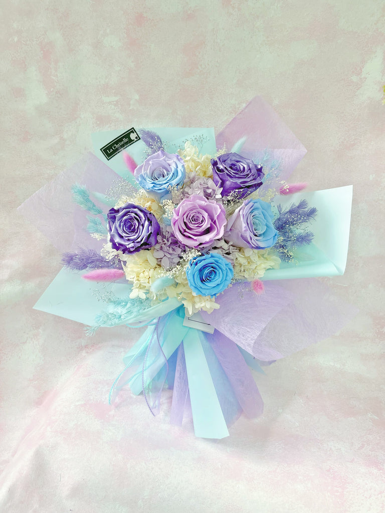 夢幻小飛馬-6枝紫粉藍色保鮮玫瑰花束 永生花 Unicorn Color  Preserved Roses Bouquet