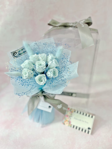 *迷你*版天長地久9枝粉藍色保鮮玫瑰花永生花束  Le Petit Forever Love blue  Preserved Rose Flower Bouquet