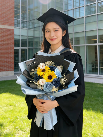 （番梘花）藍漾畢業頌-畢業花束系列—太陽花 玫瑰花 乾燥花束
