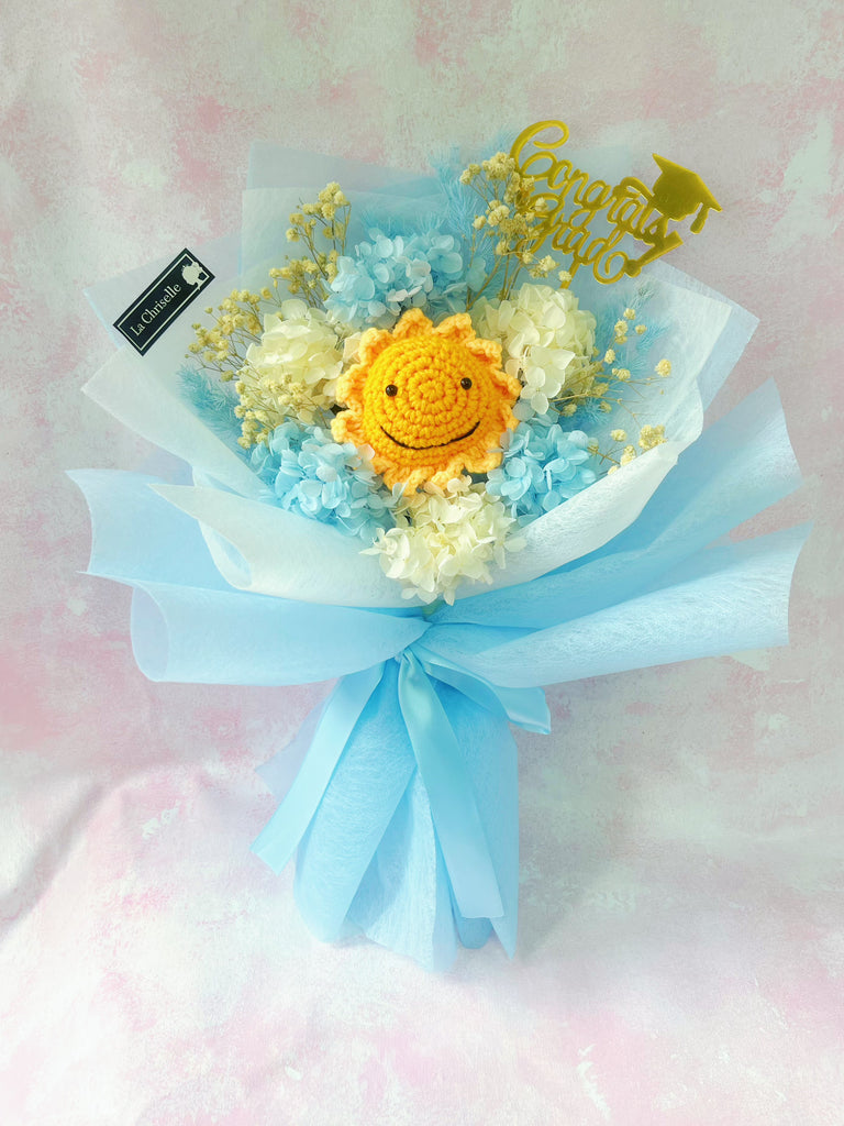 畢業花束系列— 微笑太陽手鈎花 保鮮繡球花束