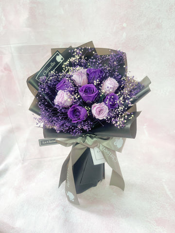 *迷你*版天長地久9枝紫色保鮮玫瑰花束永生花  Le Petit Forever Love Preserved Purple Rose  Flower Bouquet & Necklace