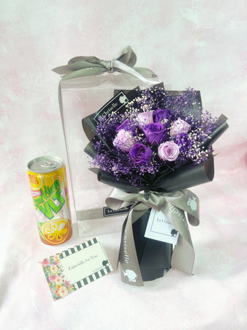 *迷你*版天長地久9枝紫色保鮮玫瑰花束永生花  Le Petit Forever Love Preserved Purple Rose  Flower Bouquet & Necklace