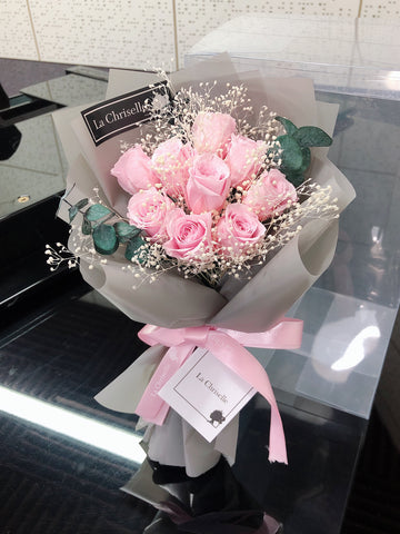 *迷你*版天長地久9枝粉紅色保鮮玫瑰花永生花束  Le Petit Forever Love Preserved Pink Rose  Flower Bouquet