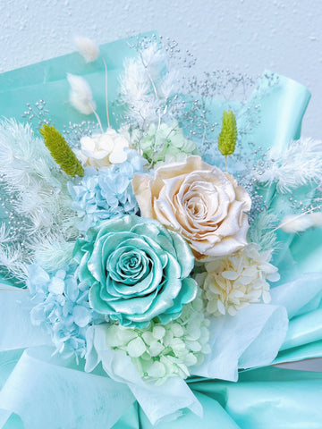 金屬Tiffany Blue 香檳色保鮮玫瑰花永生花束