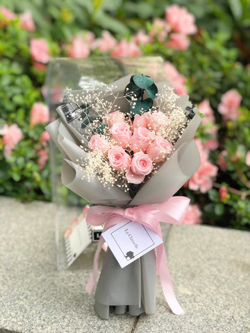 迷你版天長地久9枝粉紅色保鮮玫瑰花束  Le Petit Forever Love Preserved Pink Rose  Flower Bouquet