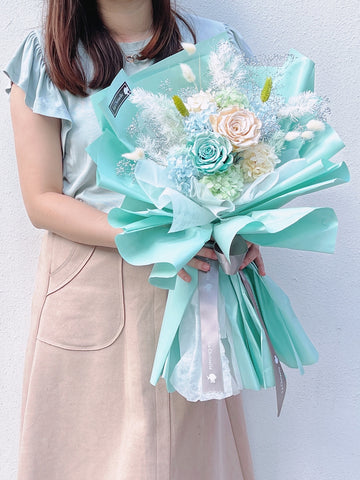 金屬Tiffany Blue 香檳色保鮮玫瑰花永生花束
