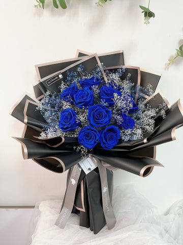 天長地久9 枝貴族藍保鮮玫瑰花永生花束 Forever Love 9 Navy Blue Preserved Roses Bouquet