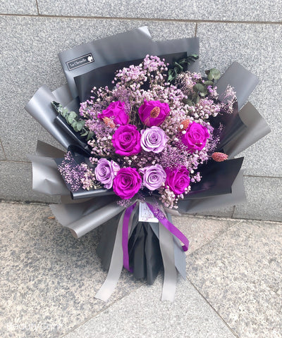 天長地久9 枝貴族紫保鮮玫瑰花束 Forever Love 9  & Purple Preserved Roses Bouquet