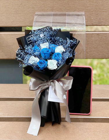 迷你*版天長地久9枝藍色保鮮玫瑰花束  永生花 Le Petit Forever Love Preserved Blue Rose  Flower Bouquet