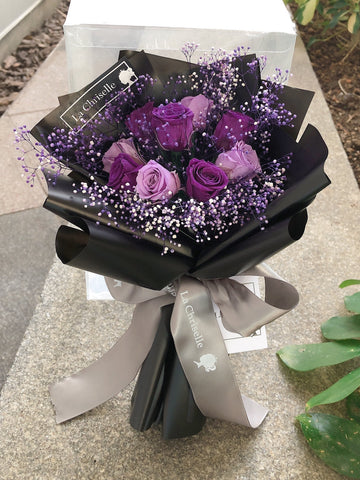 迷你版天長地久9枝紫色保鮮玫瑰花束