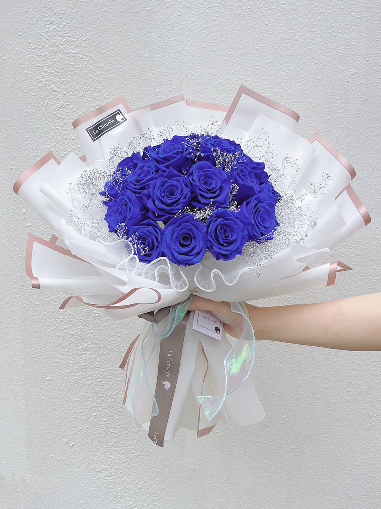 （十天預訂）高貴寶藍20枝，保鮮玫瑰花永生花束  生日求婚花束Blue Forever Love Preserved Roses Bouquet