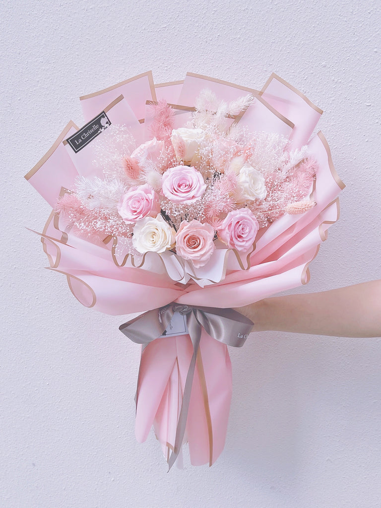 我的甜心 9枝三色保鮮玫瑰花 永生花 束  Forever Love Preserved Pink Rose  Flower Bouquet