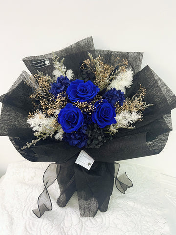 我愛你系列- 三枝貴族寶藍色保鮮玫瑰花束 永生花