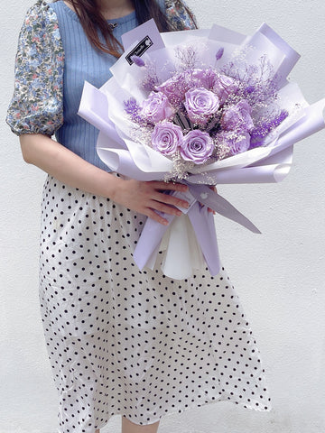 天長地久9 枝粉紫色保鮮玫瑰花束 永生花Forever Love 9  Purple Preserved Roses Bouquet