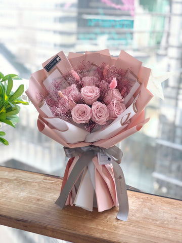 天長地久9枝粉紅保鮮玫瑰花束  永生花Forever Love Preserved Pink Rose  Flower Bouquet