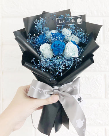 迷你版天長地久9枝藍色保鮮玫瑰花束 Le Petit Forever Love Preserved Blue Rose Flower Bouquet