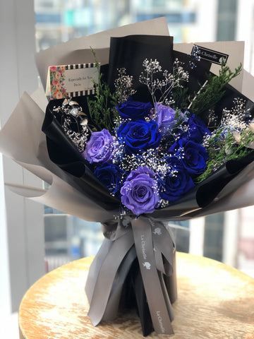天長地久9 枝貴族藍紫保鮮玫瑰花束 Forever Love 9 Navy Blue & Purple Preserved Roses Bouquet