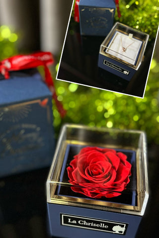 *旋轉*熱情紅色保鮮玫瑰花永生花盒+ 頸鏈   Rotataing Rose Box  Preserved  Red  Rose Flower