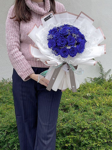 （十天預訂）高貴寶藍20枝，保鮮玫瑰花永生花束  生日求婚花束Blue Forever Love Preserved Roses Bouquet