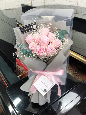 迷你版天長地久9枝粉紅色保鮮玫瑰花束  Le Petit Forever Love Preserved Pink Rose  Flower Bouquet
