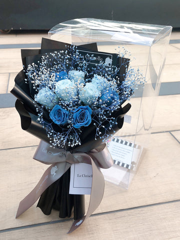 永生花-迷你版天長地久9枝藍色保鮮玫瑰花束 Le Petit Forever Love Preserved Blue Rose Flower Bouquet