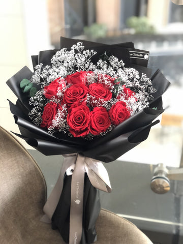 （情人節預訂）天長地久9枝紅色保鮮玫瑰花束 Forever Love Preserved Rose  Flower Bouquet